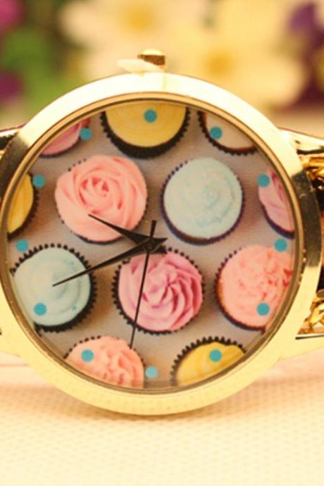 Cupcake Print Handmade Woven Bracelet Watch