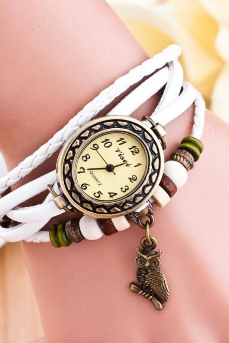 Retro Owl Pendant Woven Bracelet Watch