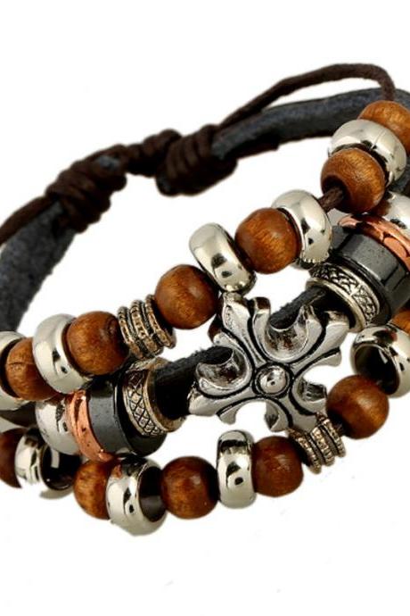 Cross Wooden Beaded Leather Bracelet