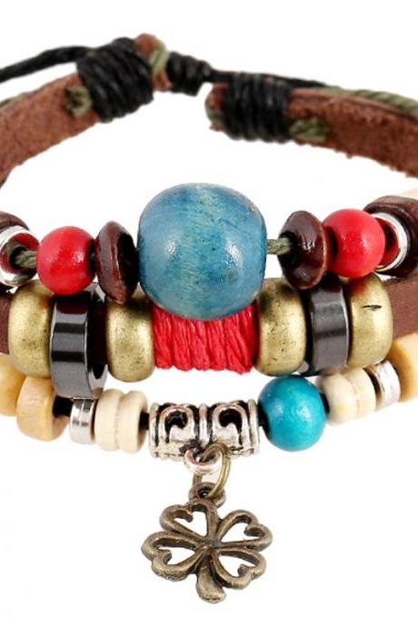 Clover Pendant Color Beads Leather Bracelet