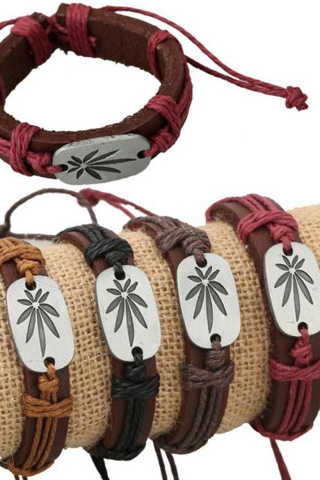 Retro Carving Leaves Woven Bracelet Set