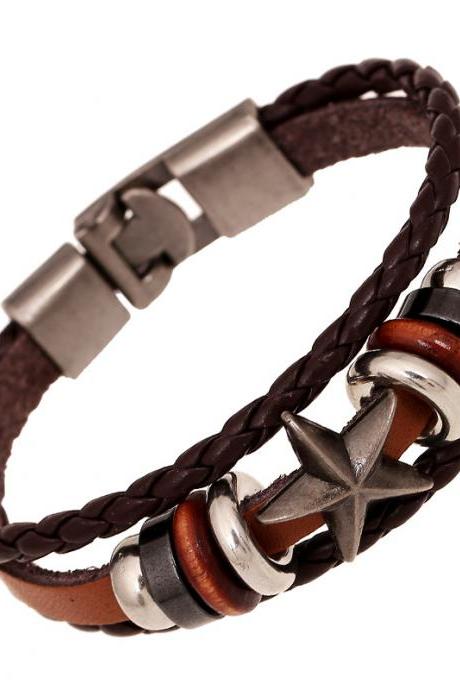Retro Star Beaded Leather Woven Bracelet
