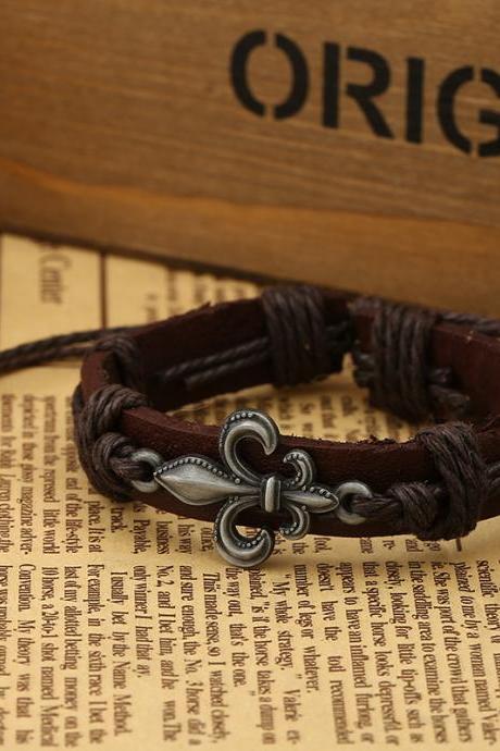 Alloy Flower Decorate Woven Leather Bracelet