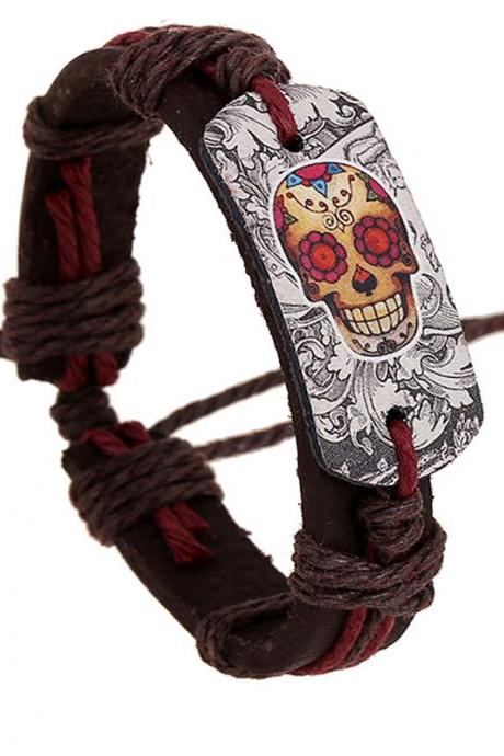 Pyrography Skull Woven Leather Bracelet