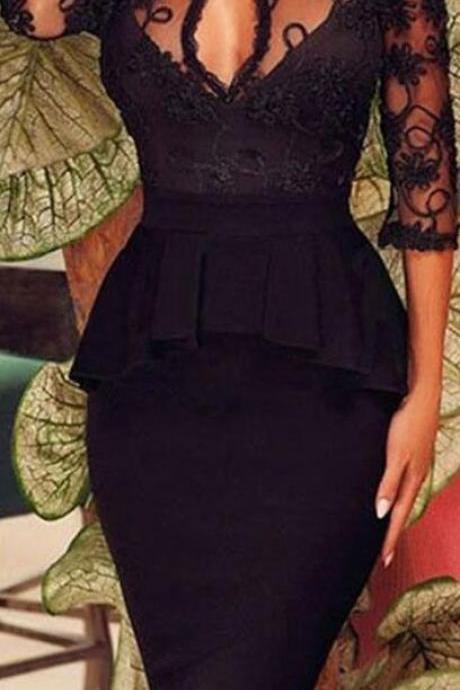 Sexy Black Splicing Backless Lace Dress
