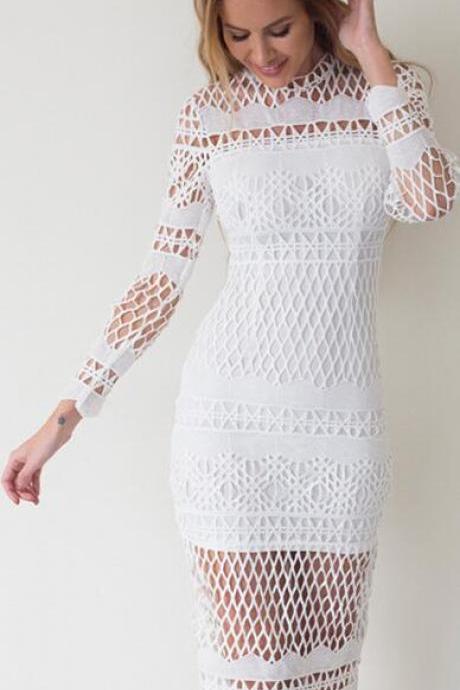 Hollow Out Lace Long Sleeves Knee-length Dress