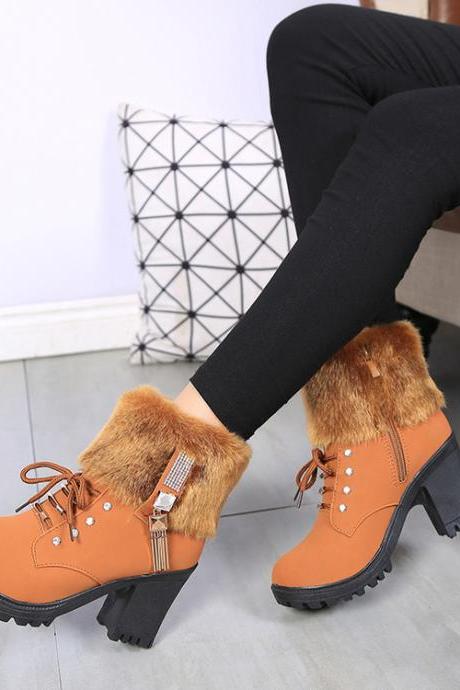 Crystal Fur Decorate Lace Up Chunky Heel Boots