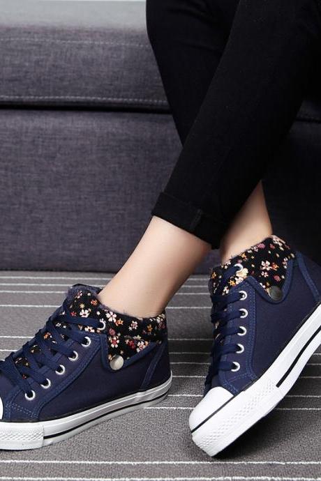 Flower Print Lapel Leisure Lace Up Sneakers