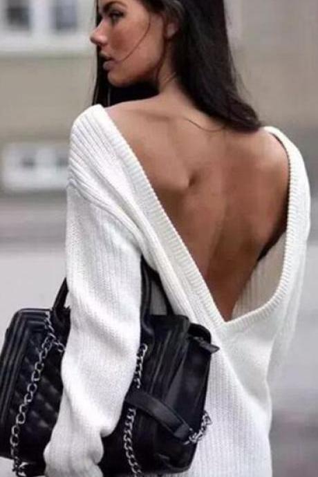 Sexy Loose Backless Deep V White Sweater