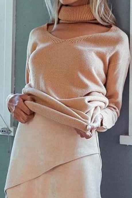 Loose Turtle Neck Hollow Out V Neck Pure Color Sweater