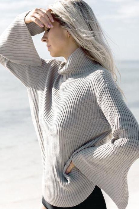 Fashion Loose Bell Sleeve Ribbed Sweater