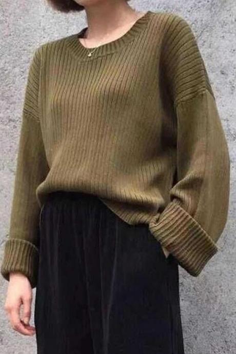 Ribbed Knit Crew Neck Long Flared Sleeves Sweater 