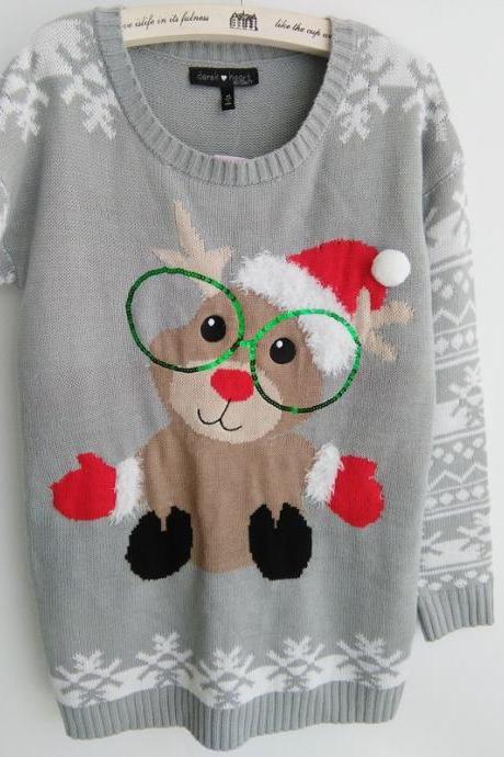 Cute Christmas Elk Sequins Glasses Gray Knitting Sweater