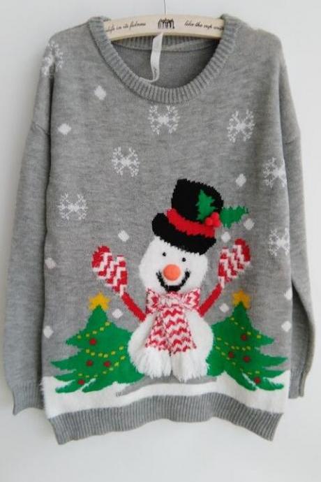 Fashion Christmas Tree Snowman Round Collar Knit Sweater