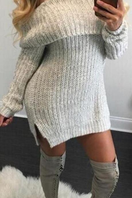 Pure Color Off Shoulder Side Slit Long Sleeve Knit Sweater Dress