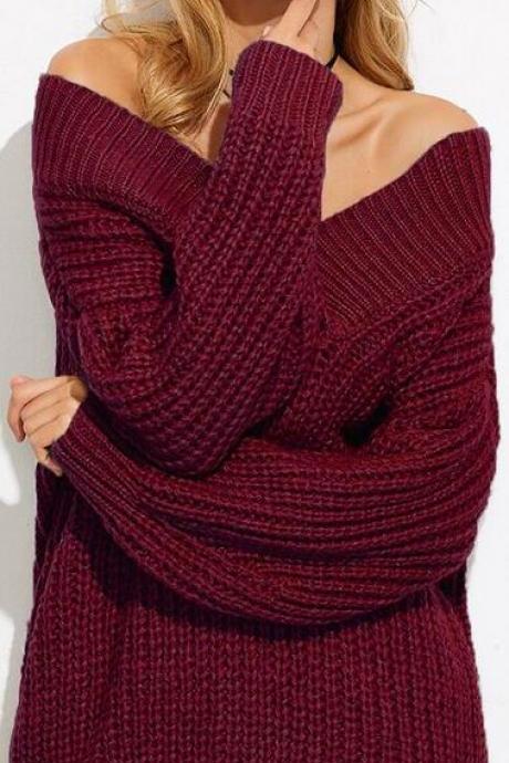 Personality Deep V Neck Loose Pure Color Chunky Knit Sweater