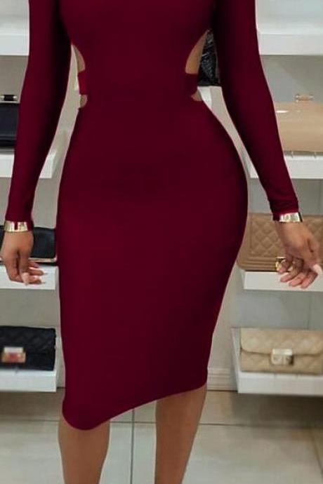 Sexy Scoop Hollow Out Long Sleeve Bodycon Knee-length Dress