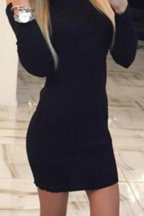High Neck Long Sleeve Stretchy Ribbed-Knit Bodycon Short Dress