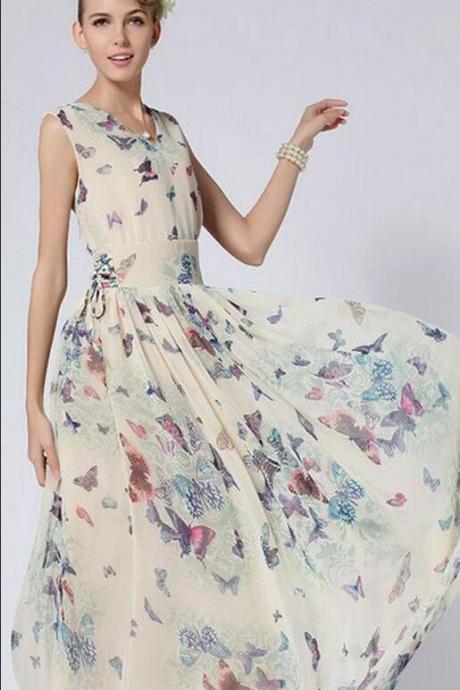 Butterfly Floral Print Sleeveless Long Chiffon Dress