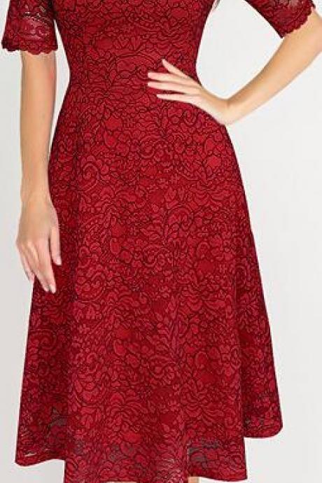 Elegant Floral Lace Short Sleeve Scoop Knee-length Dress
