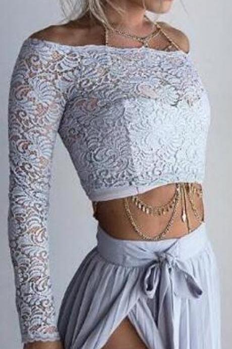 Off Shoulder Lace Long Sleeve Side Split Long Skirt Two Pieces Dress