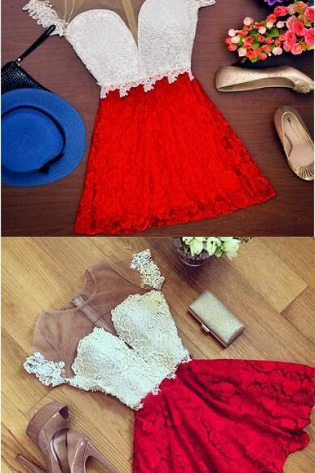 Sexy Red Lace Stitching Perspective Backless Short Dress