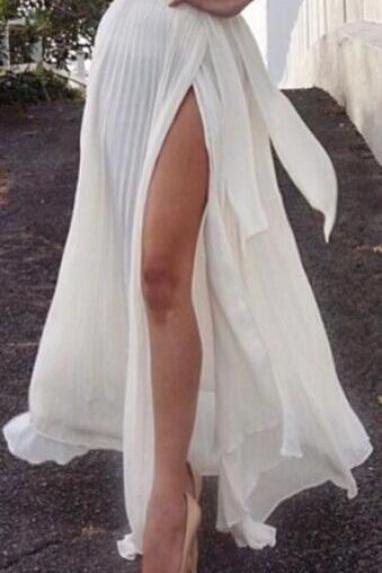 White Chiffon High Split Pleated Falbala Long Skirt