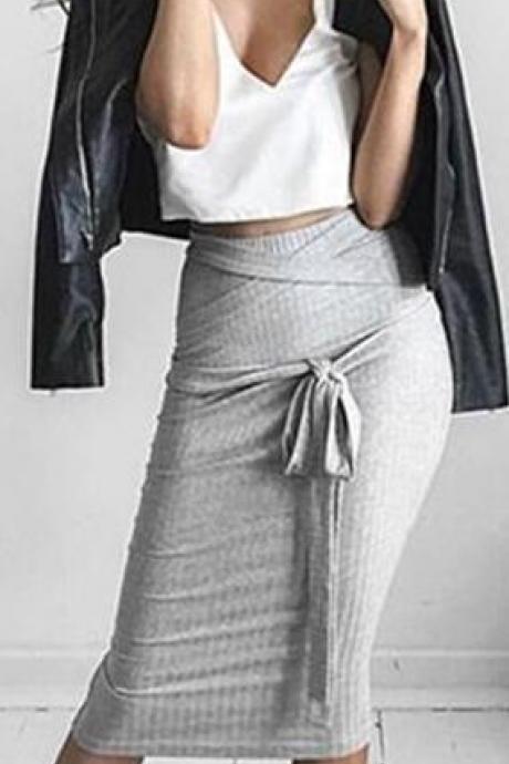 Fashion Bowknot Ribbed-Knit Bodycon Long Skirt