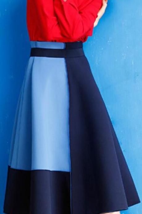 Contrast Color High Waist Pleated Long A-line Skirt