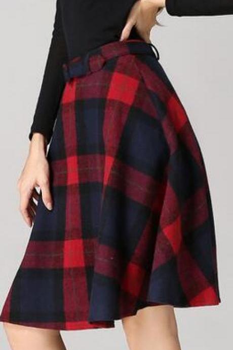Retro Plaid Pattern High Waist Woolen A-line Skirt