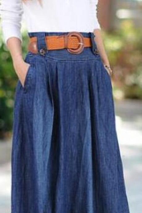 Denim Blue Elastic Waist Pleated Long Skirt With Belt