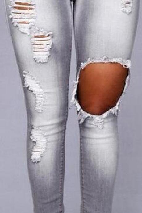 Fashion Low Waist Fading Rips Long Slim Jeans