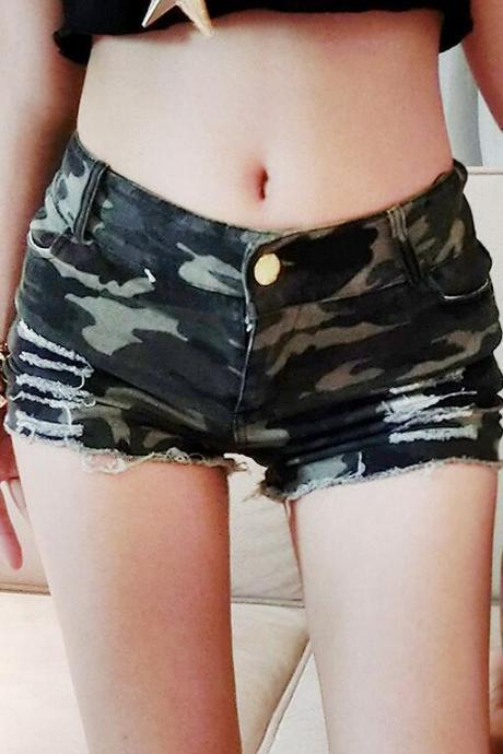 Fashion Camouflage Ripped Low Waist Women&amp;amp;#039;s Denim Shorts