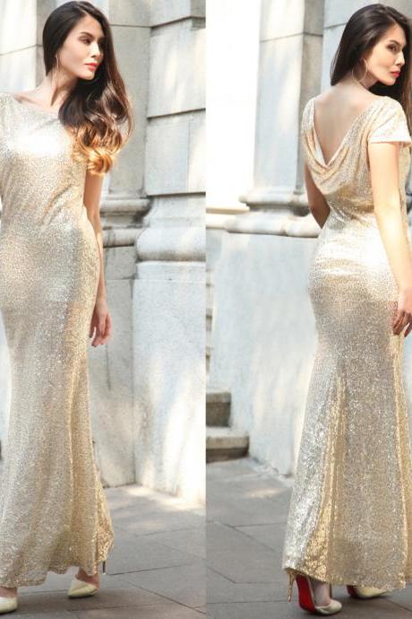 Shinning Backless Sequined Long Party Bridesmaid Dress