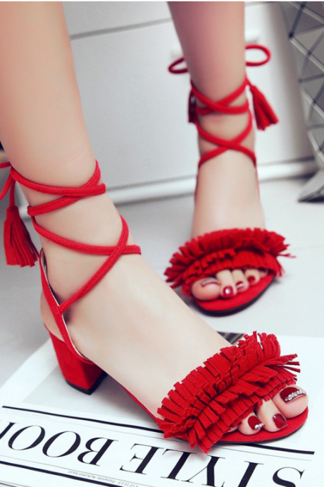 Sexy Belt Peep-toe High-heeled Tassel Sandals