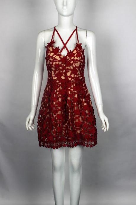 Red or Blue Strappy Condole V Neckline Lace Short Dress