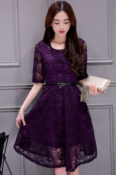 Scoop Short Sleeves Solid Lace Plus Size Short Dress