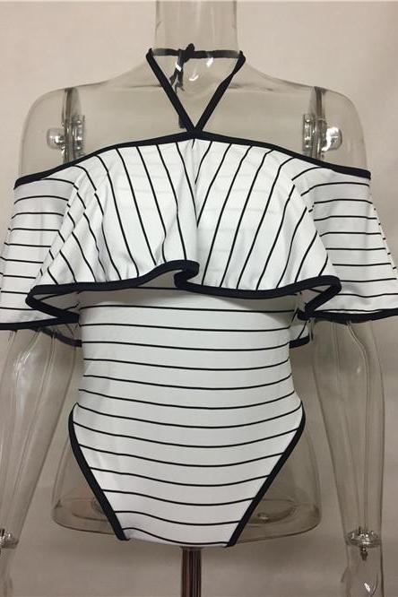 Classic Black And White Stripes A Word Shoulder One Pieces Swimwear