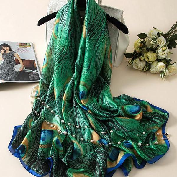 Vintage Peacock Printed Silk Imitation Shawl&amp;Scarf