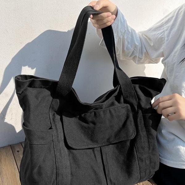 BLACK Simple Casual Canvas Big Pocket Bag