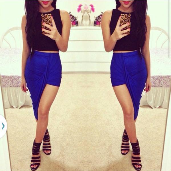 Sexy Wrap Banded Waist Draped Cut Out Asymmetrical Hi Low Skirt on Luulla