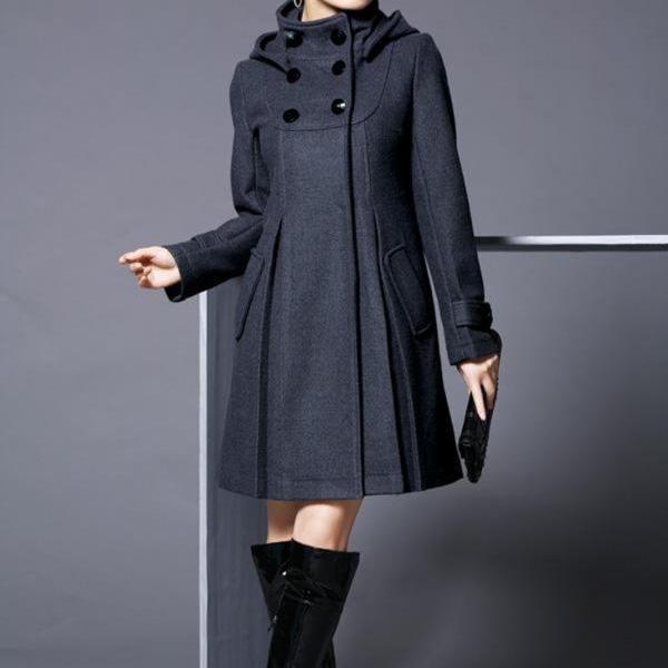 Hooded High Neck Button Slim Long Sleeves Mid-length Coat on Luulla