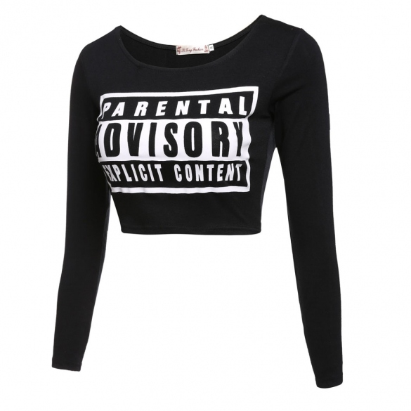 Sexy Women's Long Sleeve O-neck Letter Print Slim Crop Tops on Luulla