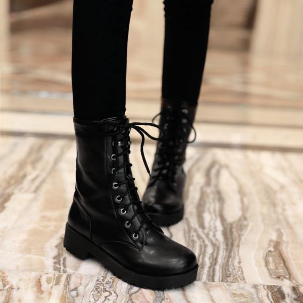 Black Lace Up Flat Short Boots on Luulla