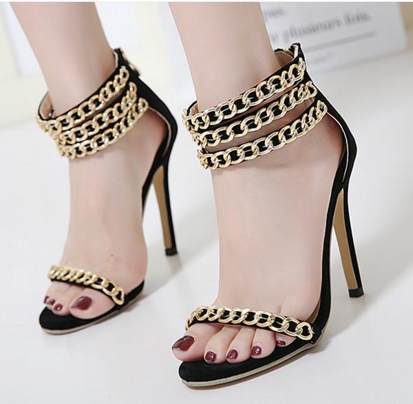 Metal Chain Decorate Open Toe Ankle Wrap Stiletto High Heels Sandals on ...