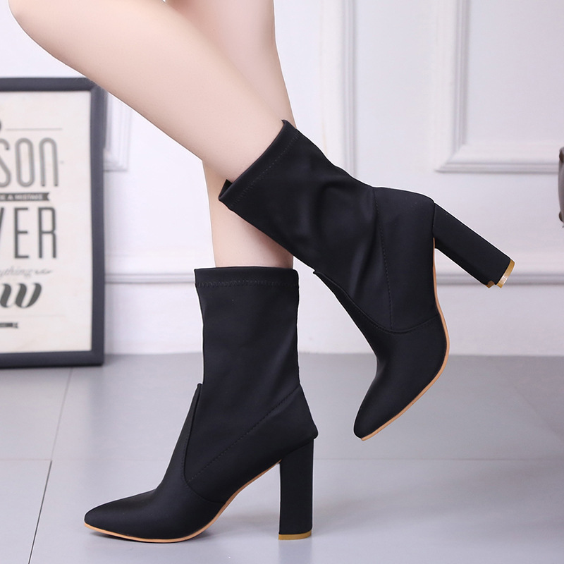 Pure Color Cloth Chunky Heel Pionted Toe Boots on Luulla