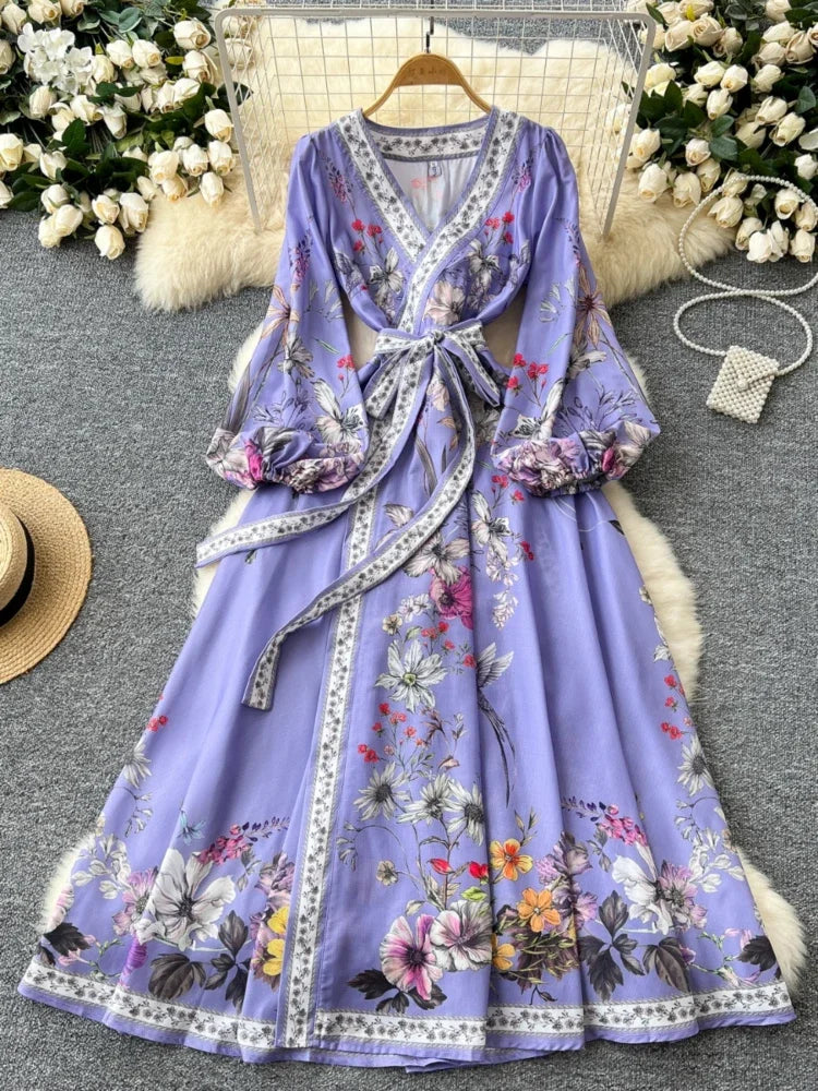 LAAGAM Size M Women's Purple- Multi Pattern Maxi-Short Sleeve Dress
