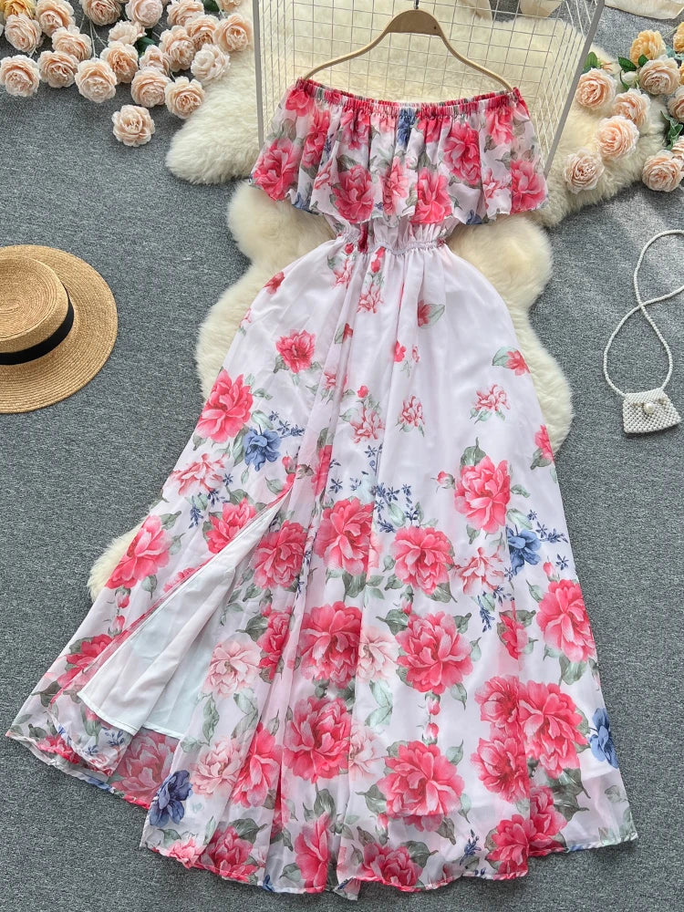 Floral Off-shoulder Maxi Dress With Ruffle Details on Luulla