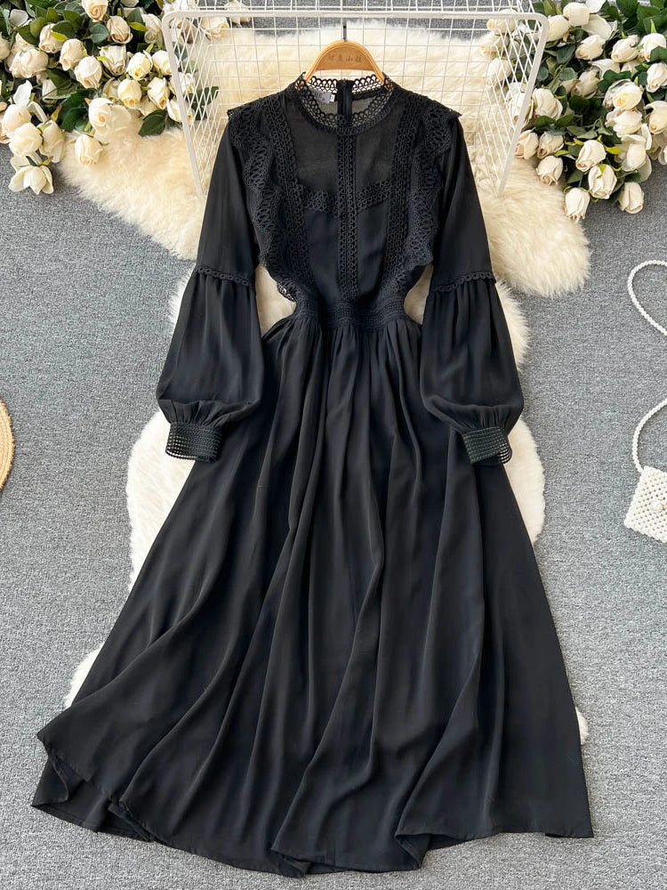 Long Black Dress With Lace Puff Sleeves on Luulla