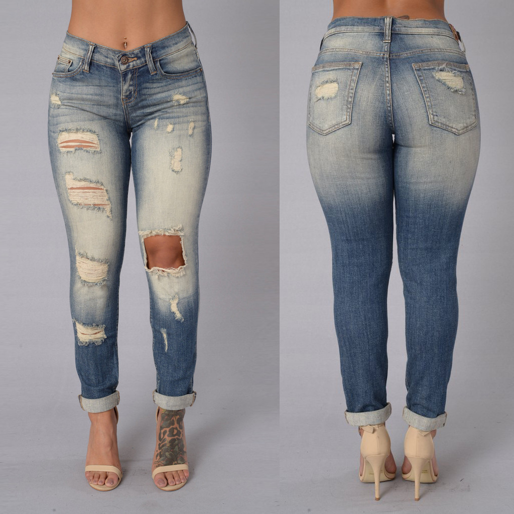 Personality Fading Ripped Holes Low Waist Slim Jeans on Luulla